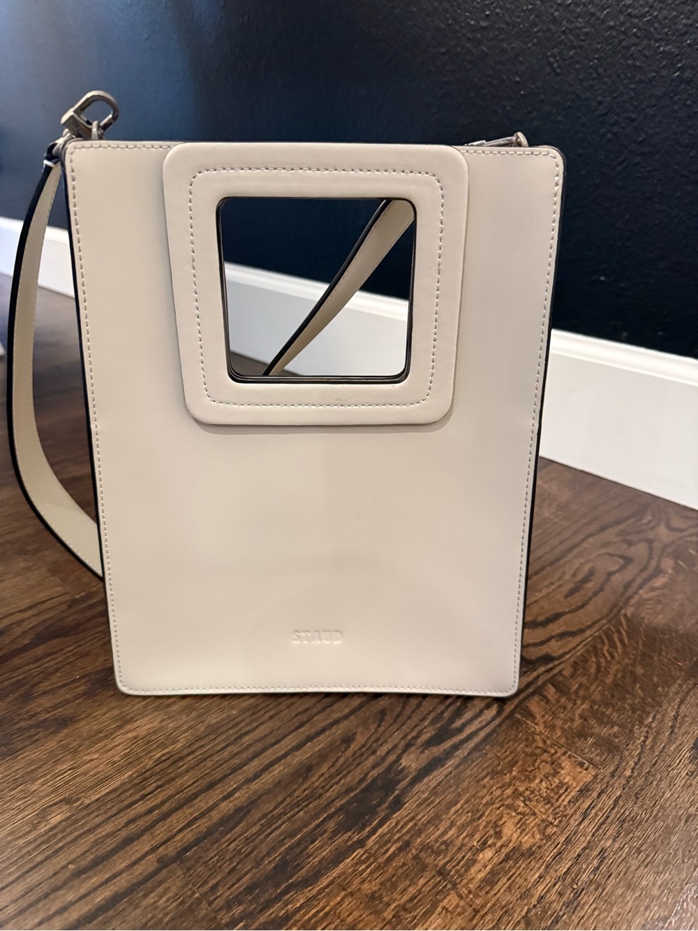 STAUD Cream Square-Cut Leather Shoulder Bag with Strap